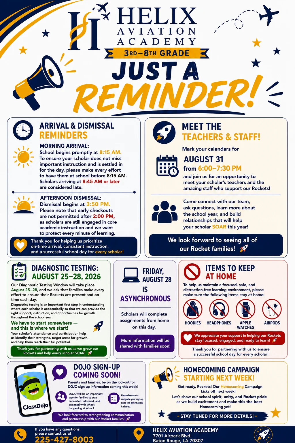 Flyer of Important Reminders for 3rd – 8th Grade Families